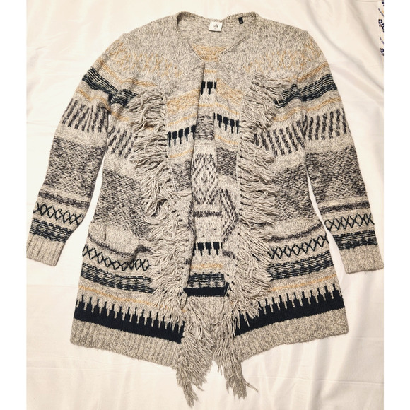CABI Shetland Gray Green Geometric Fringe Hem Open Knit Cardigan Size Small - Picture 1 of 9